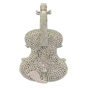 럭셔리 바이올린 가방 실버 핑크 골드 블링 크리스탈 스톤 메탈 파티 클러치 지갑 여자 용 저녁 가방