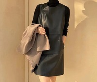 31150 printemps automne à la mode O cou Style droit court noir robe en cuir véritable pour les femmes