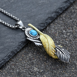 Yunnique – collier en acier inoxydable avec pendentif plume et pierre turquoise, bijoux de style punk pour hommes et femmes - Product Image 2