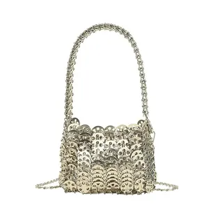 Gratis Verzending Designer Zilver Metalen Pailletten Ketting Vrouwen Geweven Tas Holle Avondtassen Clutch Vrouwelijke Reis Vakantie Schoudertas