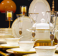 Service de table personnalisé de luxe en céramique européenne, vaisselle moderne en grès avec bordure dorée