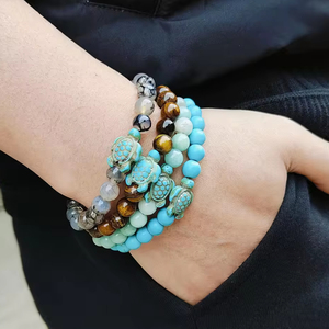 Bracelet tortue en pierre naturelle perlée breloque tortue de plage de mer 8mm oeil de tigre Turquoise lave femmes hommes perles bracelets élastiques - Product Image 3