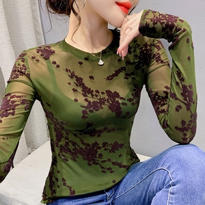 Áo kiểu xuân thời trang dễ phối cổ tròn thanh lịch retro tay dài lưới phối ren tôn dáng - Product Image 2