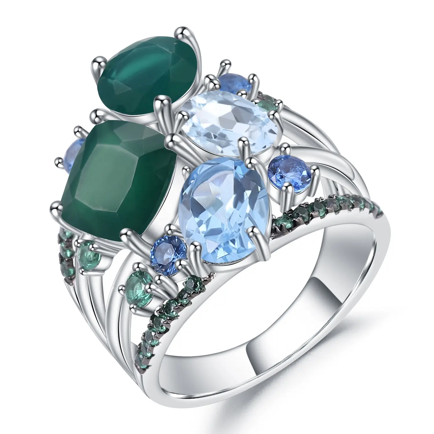Оплетка из стерлингового серебра 925 пробы натуральный зеленый агат Топаз драгоценные камни кольца классические женские свадебные украшения
