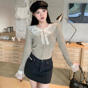 Nuovo Maglione Autunnale Lavorato a <span class=keywords><strong>Maglia</strong></span> <span class=keywords><strong>con</strong></span> Fiocco in <span class=keywords><strong>Pizzo</strong></span>, Pullover a Tinta Unita <span class=keywords><strong>con</strong></span> Colletto alla Peter Pan, Top Sottile da <span class=keywords><strong>Donna</strong></span> - Product Image 1