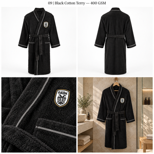 Albornoz de Hombre Negro con Cuello Chal, Ribete Gris y Parche con Logotipo, Albornoz de Spa de Lujo - Product Image 2