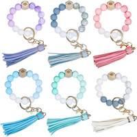 Porte-clés Kawaii en Silicone avec pompon élastique, chaîne de poignet en perles, personnalisé