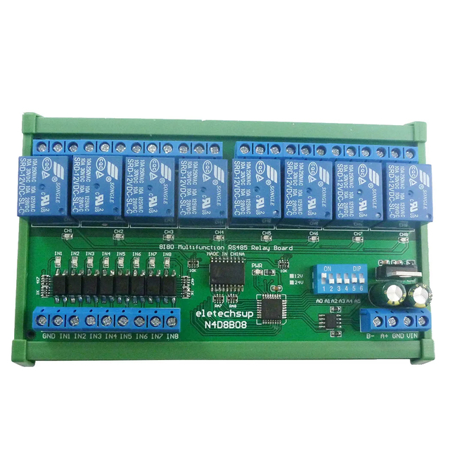 N4D8B08 DC 12V/24V 8I8O Digital RS485 Modbus RTU Protocol Switch Control DIN35 C45 Rail Box Relay PLC Expansion Board A714