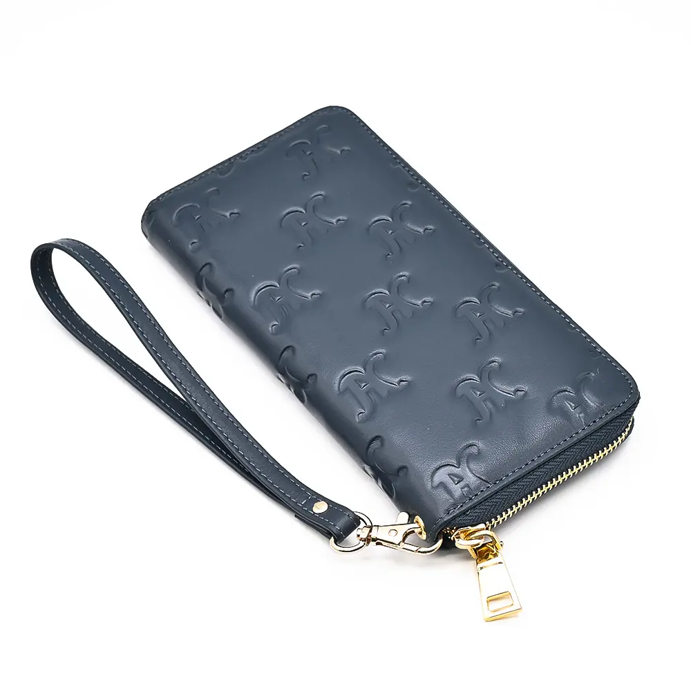 High End Dark Blue PU Wallet Zipped Long Wallet Customized Mens Leather Wallet with Deboss Logo