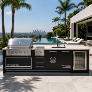 Cocina Exterior Personalizada para Fanáticos del Baloncesto de San <span class=keywords><strong>Antonio</strong></span> con Isla para Asados, Panel con Logotipo, Parrilla, Quemador Lateral, Fregadero y Refrigerador - Product Image 1