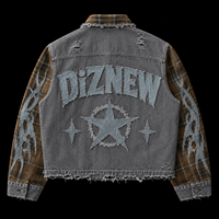 DiZNEW 2026 Veste Homme High Street Gothique avec Logo et Patchwork, en Denim Gris Délavé et Épais, Vêtement d'extérieur Darkwear, OEM