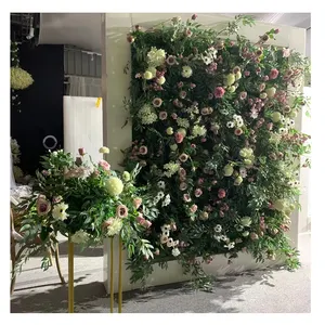 F173 3D Rolled Up Pink Flower Backdrop Party Decoration Wedding Party Decorative Flowers Green Leaves Artificial Plant Wall