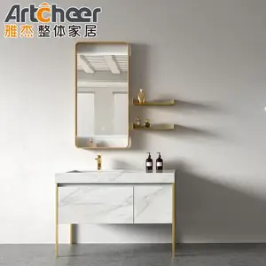 Vanity ahşap panel banyo döşeme lavabo kontrplak malzeme ile aynalı dolap duvara monte tasarım