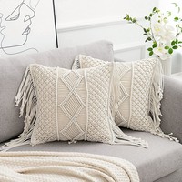 Housse de coussin en macramé bohème tissée, fermeture à cordon, polyester/coton écologique pour la décoration de la maison