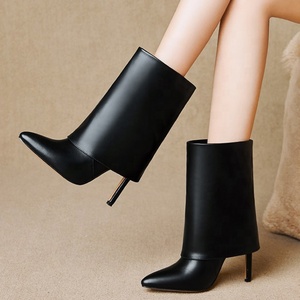Solid Folding Design Pointed Toe Booties for Women Thin High Heel Slip-on Short Shoes Fashion Western Plus Size 43 Ankle <b>Boots</b> - Product Image 1