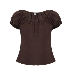 T-shirt d'été pour femmes Y2K, couleur unie, froncé, coupe ajustée, trois boutons, manches bouffantes, col rond, vente en gros - Product Image 6