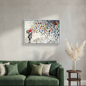 Printed Banksy Butterfly Girl <b>Canvas</b> Art, Stained Glass Design,WHITE <b>FRAMED</b> <b>CANVAS</b> - Product Image 3
