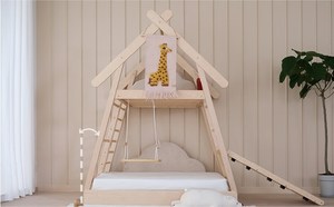 Lit <span class=keywords><strong>de</strong></span> maison en bois massif pour enfants avec structure d'escalade et balançoire - Product Image 5