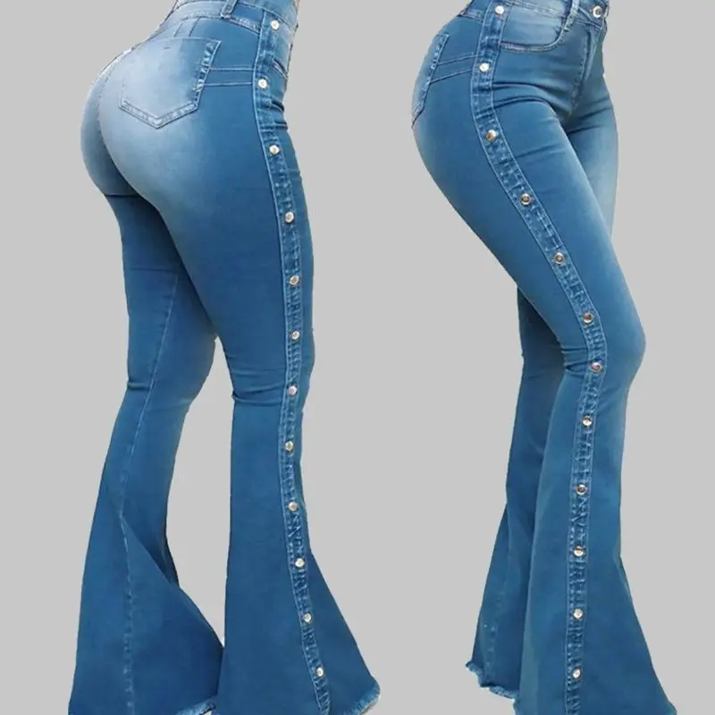 Популярное производство OEM ODM европейские и американские джинсы с высокой талией стрейч в пол расклешенные джинсы для женщин