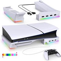 Dudukan Horizontal dengan Lampu LED RGB untuk Konsol PS5 Slim, Aksesoris Penyangga dengan 4 Port USB dan 14 Lampu RGB Warna-warni