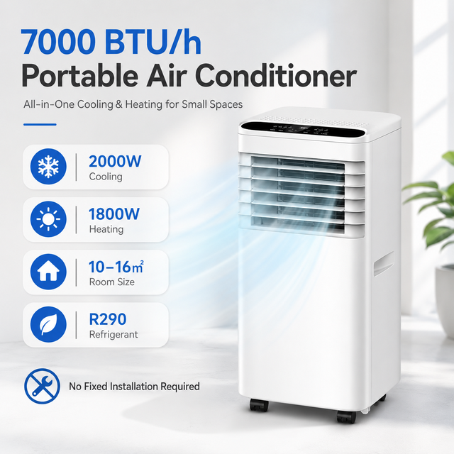 7000 BTU Portable Air Conditioner for Home and Small Rooms | Mobile AC Unit with Cooling and Exhaust Hose