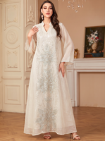 Robe Abaya Modeste Jaune Vif avec Broderie Florale Argentée Col Mandarin Manches Longues