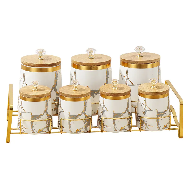 NISEVEN Atacado Luxo Ouro Mármore Container Set Frascos De Tempero Condimento Conjunto De Frasco De Armazenamento De Cerâmica De Cozinha