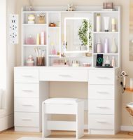 Coiffeuse moderne avec éclairage LED, prises, miroir à luminosité réglable, tabouret, 9 tiroirs, 7 étagères ouvertes, blanc