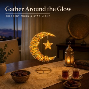 Lampe <span class=keywords><strong>LED</strong></span> Chaude en Forme de Croissant de Lune et Étoile pour l'Aïd du Ramadan, Petite, en Bois Tressé avec <span class=keywords><strong>Ruban</strong></span> Ambré, Réutilisable, Durable, à Piles AA, Décoration Lumineuse Féerique - Product Image 1