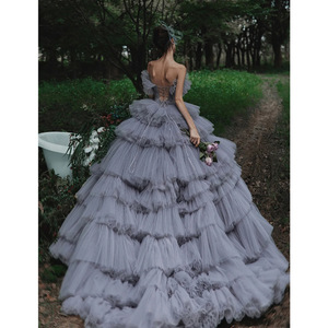 Strapless Tulle Ball Gown Natural Waist Gray Color Outdoor Wedding Dress Trailing Cake Style Photography Gown - Product Image 4