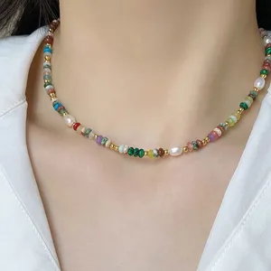 2023 Bohemian Colorido Pedra Natural Pérola de Água Doce Beads Aço Inoxidável Banhado Colar Cadeia Colar Jóias das Mulheres