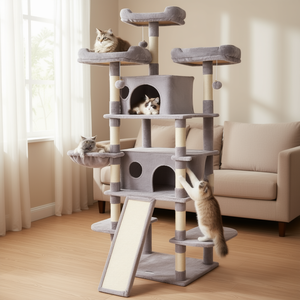 Cat Tree 68.5 In With Cat Condos And Scratching <b>Post</b> For Indoor Cats Classic Style Wood Material - Product Image 2