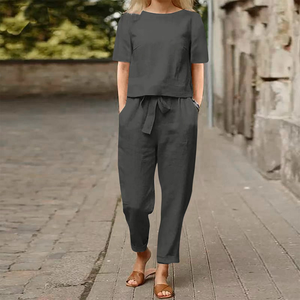 <span class=keywords><strong>Ensemble</strong></span> décontracté 2 pièces en coton et lin 2026 – Haut ample à col rond et pantalon long à la cheville de couleur unie pour <span class=keywords><strong>femme</strong></span> – Vente en gros pour usage quotidien - Product Image 4
