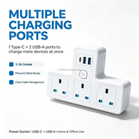 Stop Kontak Ekstensi UK Grosir 3 Lubang AC Dengan 1 Type-C 2 USB-A, Adaptor Stop Kontak Multi untuk Rumah