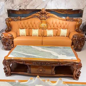 Hand Carved Wood Sectional <b>Sofa</b> European Style PU Leather and Wood <b>Sofa</b> <b>Sets</b> for Apartment and Hotel Use - Product Image 4