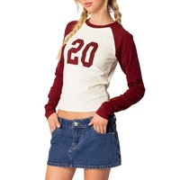 Camiseta Corta de Manga Larga para Mujer de Alta Calidad con Estampado de Números, Bloques de Color, Ajuste Delgado, Estilo Béisbol, Vintage, Casual, Streetwear