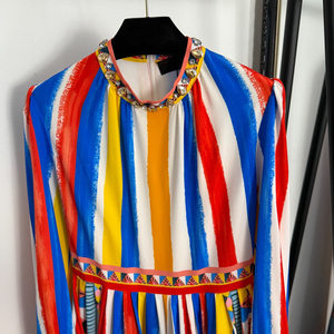 Nuovo abito da <span class=keywords><strong>donna</strong></span> a maniche lunghe con colletto di diamanti a righe Color-Block stampato stringe vita - Product Image 2