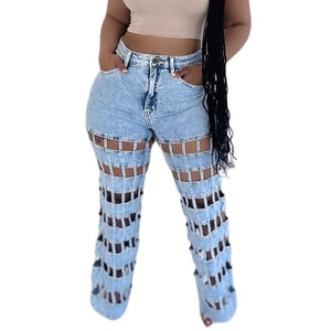Pantalones rectos de cintura alta con diseño hueco para mujer, estilo vaquero desgastado, a la moda - Product Image 1