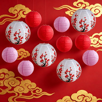 Set Lampion Kertas Bunga Plum Putih, Hiasan Gantung Gaya Cina untuk Dekorasi Tata Letak Suasana Liburan