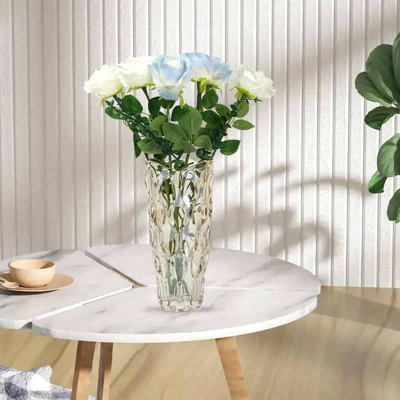 Bud vaso de vidro redondo texturizado, olado para mesas, jardim, círculo redondo, grande vaso de vidro para mesas de flores