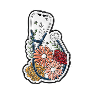 Badge personnalisé de haute qualité en alliage de zinc moulé, motif stéthoscope médical et fleur, pour la décoration de vêtements et de sacs à dos - Product Image 2