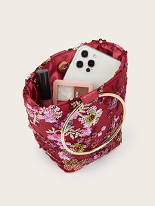 Floral <b>Sequin</b> Embroidery Tote Bag Women Metal Ring Handle <b>Handbag</b> Large Capacity Canvas Shoulder Bag Handmade Bucket Purse - Product Image 3