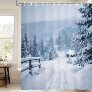 Cortina de Ducha de Poliéster con Diseño de Camino en el Bosque Invernal Azul, Cortina de Baño con Impresión Digital, Impermeable, Impresión Personalizada, Venta al por Mayor, Moderna - Product Image 6