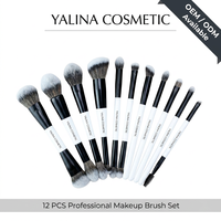 Lot de 12 pinceaux de maquillage véganes double-embout, manche bicolore noir et blanc, synthétiques doux pour fond de teint, anticernes et eye-liner