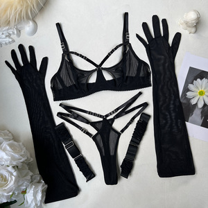 See Through Mesh 4Pcs Lingerie Set Hollow Out Bra Strappy Thong With Long <b>Gloves</b> Leg Straps Women Valentine Intimates Underwear - Product Image 6