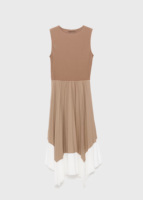 Robe midi élégante pour femme, sans manches, col rond, taille froncée, ourlet asymétrique plissé, color block camel et blanc - Style Smart Casual