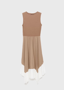 Women's Elegant Camel White Color Block Sleeveless Round Neck Ruched Waist Pleated Asymmetrical Hem Midi Dress - Smart Casual Dr - Product Image 5