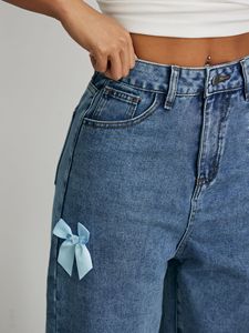 J60-2 <span class=keywords><strong>Jean</strong></span> large pour femme au design chic, avec nœud décoratif, coupe droite, en denim délavé, taille haute, décontracté - Product Image 4
