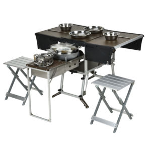 2025 nouveau Style <span class=keywords><strong>Camping</strong></span> cuisine mobile Table de pique-nique pliante avec cuisinière à gaz et <span class=keywords><strong>vaisselle</strong></span> ensemble d'ustensiles de cuisine - Product Image 1