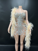 Robe de soirée de luxe Novance Y5185-C en plumes argentées, épaules dénudées, longueur au-dessus du genou, tenue de performance, robe de bal courte